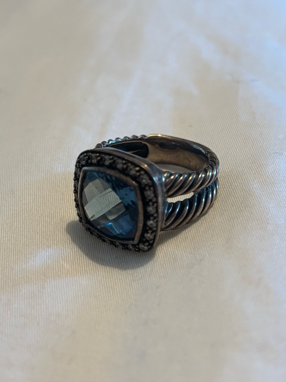 David Yurman 11mm Sterling Silver Albion Ring Blue Topaz w Diamonds